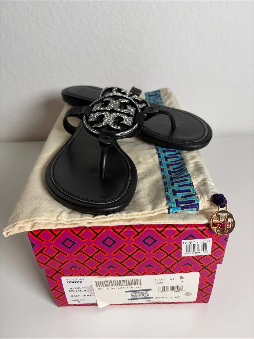 Tory Burch Miller Crystal Logo Flip Flop Black Size 9